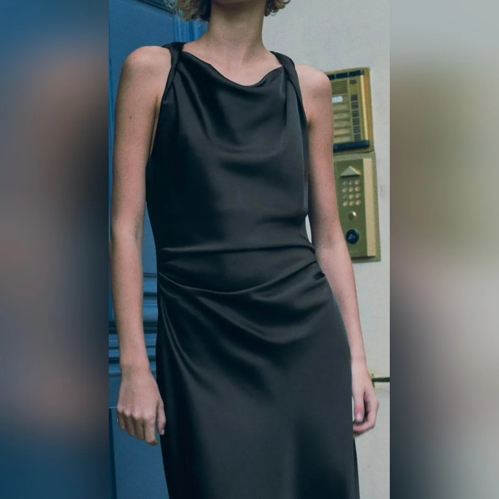 Zara Satin Effect Black Midi Sleeveless Dress - Picture 3 of 10